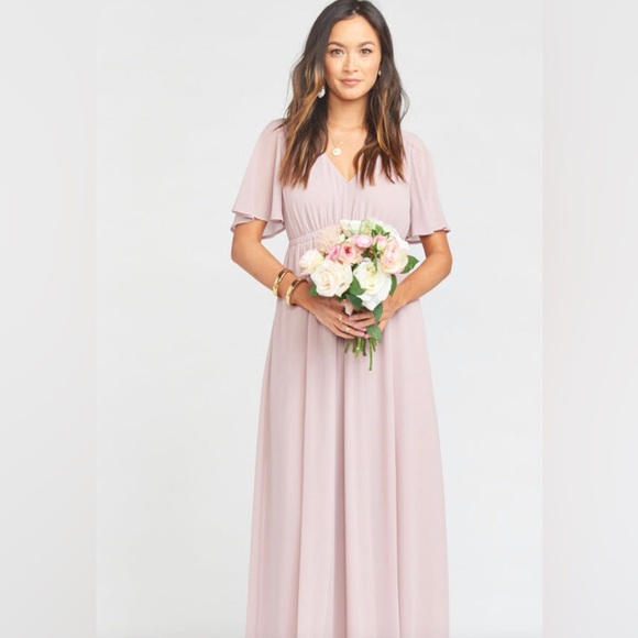 NWT SZ S Mumu Weddings Emily Empire Maxi Dress in neutral mauve chiffon - Picture 1 of 7
